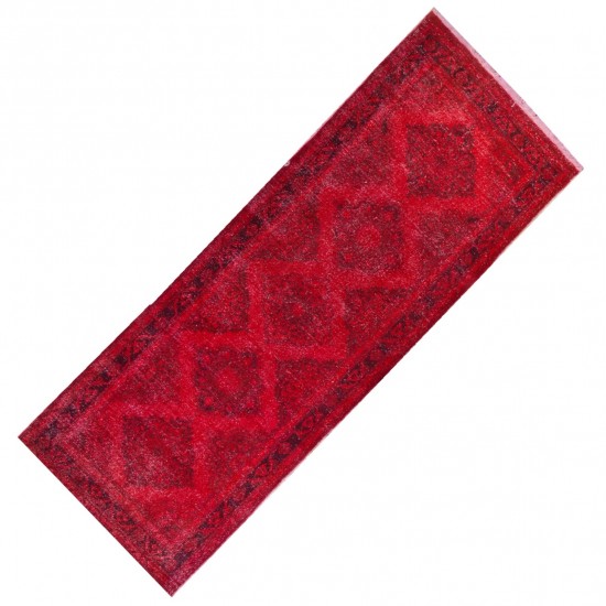 Red Overdyed Runner Rug, 1960s Hand-Knotted Central Anatolian Carpet. 4.6 x 12.7 Ft (140 x 385 cm)