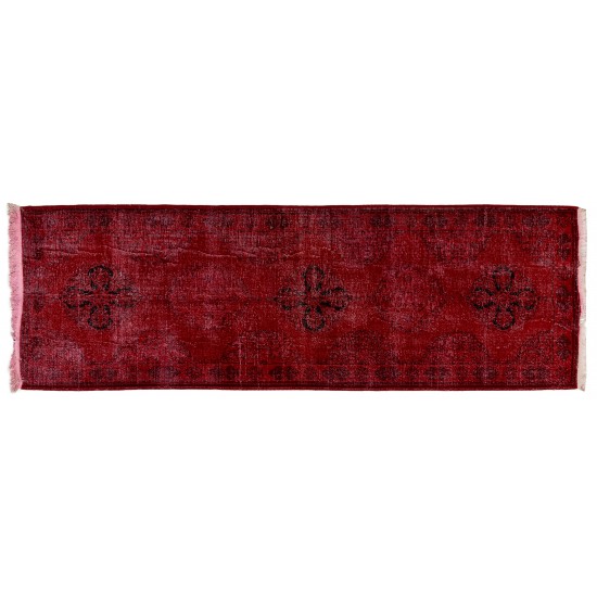 Red Overdyed Runner Rug, 1960s Hand-Knotted Central Anatolian Carpet. 4.6 x 13.4 Ft (140 x 407 cm)