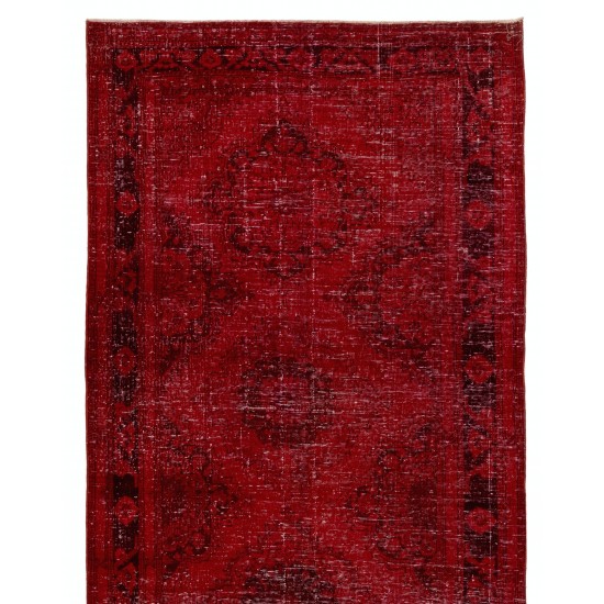 Distressed Red Overdyed Runner Rug, 1960s Hand-Knotted Central Anatolian Carpet. 4.7 x 12.4 Ft (142 x 375 cm)