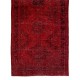 Distressed Red Overdyed Runner Rug, 1960s Hand-Knotted Central Anatolian Carpet. 4.7 x 12.4 Ft (142 x 375 cm)