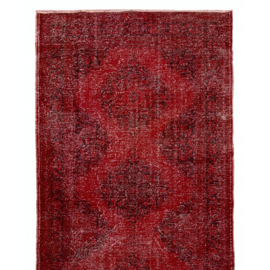 Red Overdyed Runner Rug, 1960s Hand-Knotted Central Anatolian Carpet. 4.7 x 12.5 Ft (142 x 380 cm)