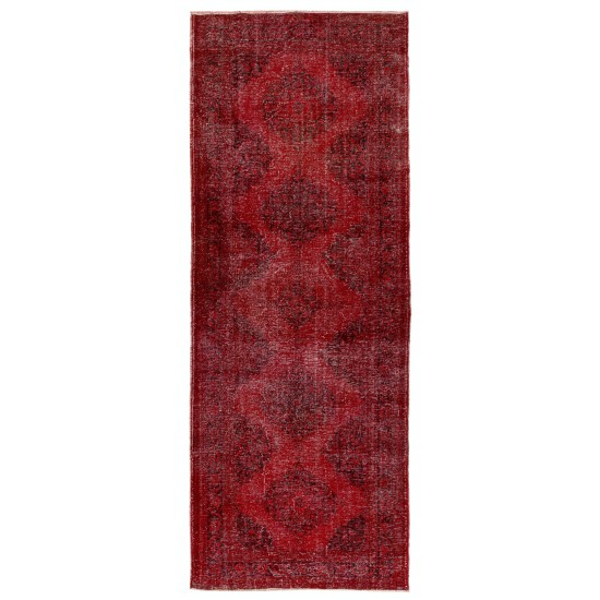 Red Overdyed Runner Rug, 1960s Hand-Knotted Central Anatolian Carpet. 4.7 x 12.5 Ft (142 x 380 cm)