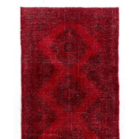 Red Overdyed Runner Rug, 1960s Hand-Knotted Central Anatolian Carpet. 4.7 x 13 Ft (142 x 395 cm)