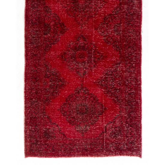 Red Overdyed Runner Rug, 1960s Hand-Knotted Central Anatolian Carpet. 4.7 x 13 Ft (142 x 395 cm)