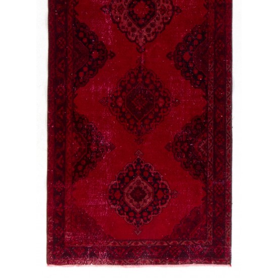 Red Overdyed Runner Rug, 1960s Hand-Knotted Central Anatolian Carpet. 4.8 x 12.9 Ft (144 x 392 cm)
