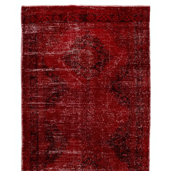 Distressed Red Overdyed Runner Rug, 1960s Hand-Knotted Central Anatolian Carpet. 4.8 x 12.2 Ft (145 x 370 cm)