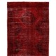 Distressed Red Overdyed Runner Rug, 1960s Hand-Knotted Central Anatolian Carpet. 4.8 x 12.2 Ft (145 x 370 cm)