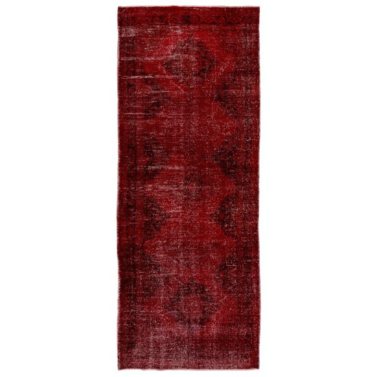 Distressed Red Overdyed Runner Rug, 1960s Hand-Knotted Central Anatolian Carpet. 4.8 x 12.2 Ft (145 x 370 cm)