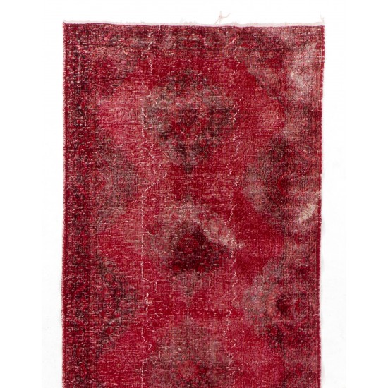 Distressed Red Overdyed Runner Rug, 1960s Hand-Knotted Central Anatolian Carpet. 4.8 x 13 Ft (145 x 395 cm)