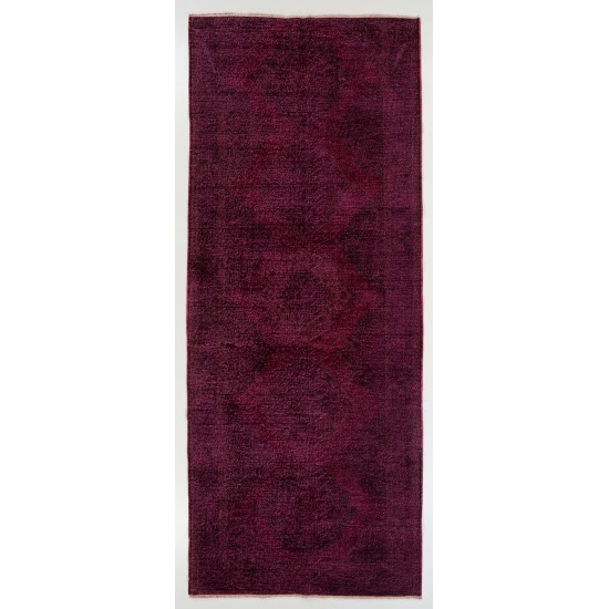 Maroon Red Overdyed Runner Rug, 1960s Hand-Knotted Central Anatolian Carpet. 5 x 12.2 Ft (151 x 370 cm)