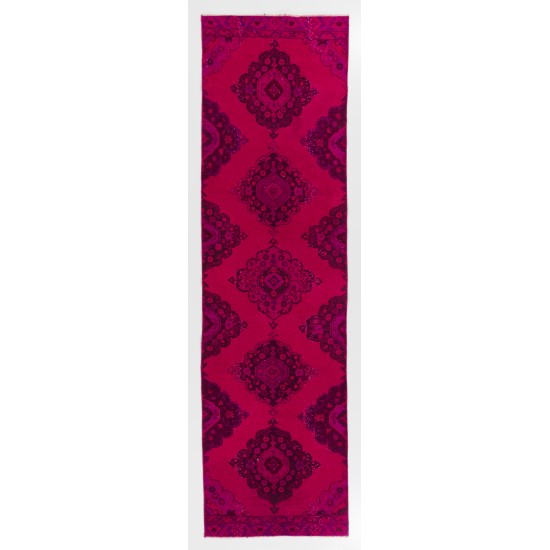 Pink Overdyed Runner Rug, Mid-Century Handmade Corridor Carpet from Turkey. 3.3 x 11.4 Ft (98 x 346 cm)