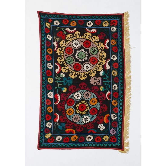Silk Hand Embroidered Bed Cover, Vintage Suzani Wall Hanging from Uzbekistan. 3.8 x 6 Ft (114 x 182 cm)