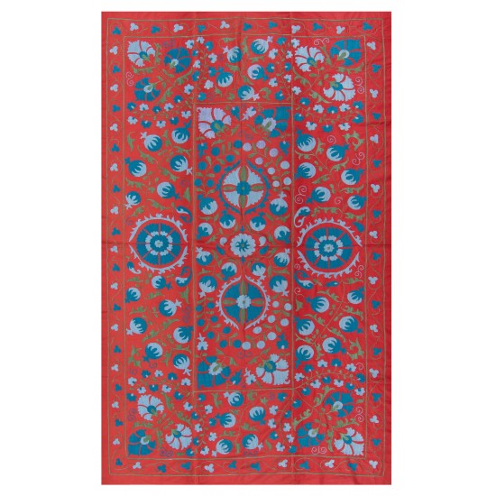 Silk Hand Embroidered Bed Cover, Vintage Suzani Wall Hanging from Uzbekistan. 4.4 x 7 Ft (134 x 214 cm)