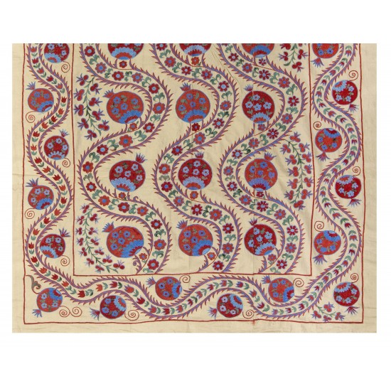 Silk Hand Embroidered Bed Cover, Vintage Suzani Wall Hanging from Uzbekistan. 4.5 x 7.2 Ft (135 x 217 cm)