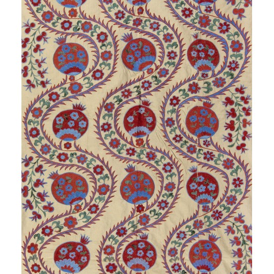 Silk Hand Embroidered Bed Cover, Vintage Suzani Wall Hanging from Uzbekistan. 4.5 x 7.2 Ft (135 x 217 cm)