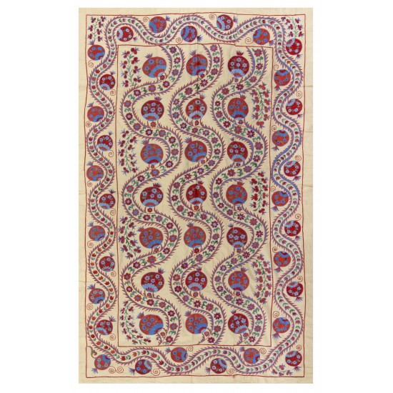 Silk Hand Embroidered Bed Cover, Vintage Suzani Wall Hanging from Uzbekistan. 4.5 x 7.2 Ft (135 x 217 cm)