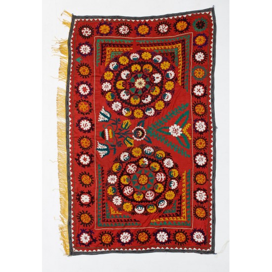 Silk Hand Embroidered Bed Cover, Vintage Suzani Wall Hanging from Uzbekistan. 4.6 x 7.3 Ft (138 x 220 cm)