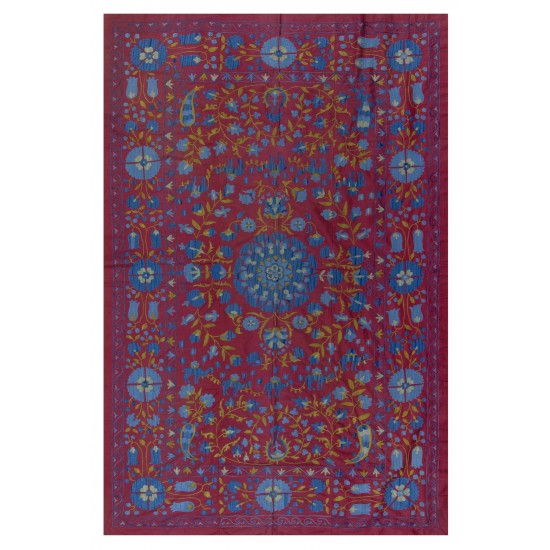 Silk Hand Embroidered Bed Cover, Vintage Suzani Wall Hanging from Uzbekistan. 4.7 x 6.8 Ft (142 x 205 cm)