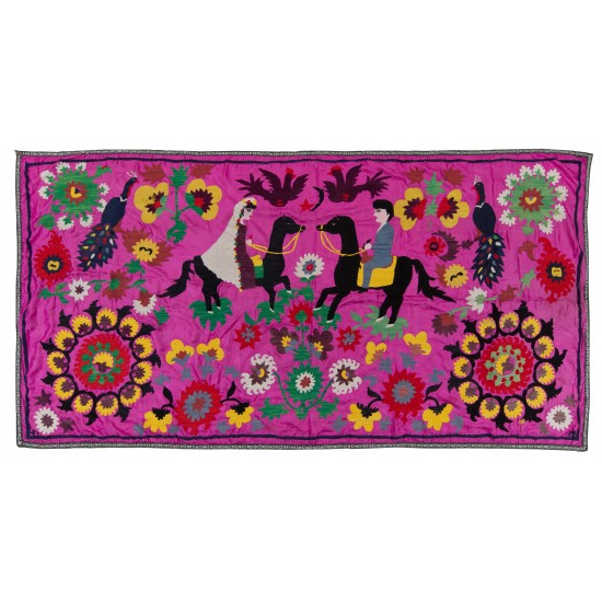 Silk Hand Embroidered Bed Cover, Vintage Suzani Wall Hanging from Uzbekistan. 4.7 x 8.9 Ft (143 x 270 cm)