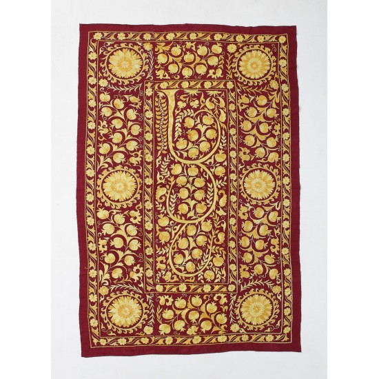 Silk Hand Embroidered Bed Cover, Vintage Suzani Wall Hanging from Uzbekistan. 4.8 x 6.9 Ft (145 x 210 cm)