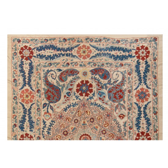 Silk Hand Embroidered Bed Cover, Vintage Suzani Wall Hanging from Uzbekistan. 5 x 6.4 Ft (152 x 195 cm)