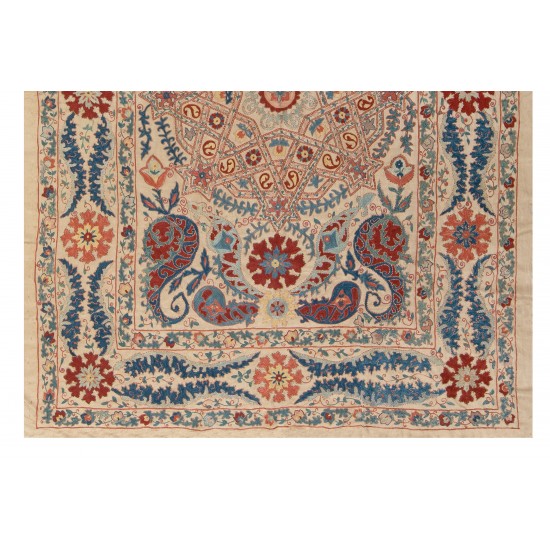 Silk Hand Embroidered Bed Cover, Vintage Suzani Wall Hanging from Uzbekistan. 5 x 6.4 Ft (152 x 195 cm)