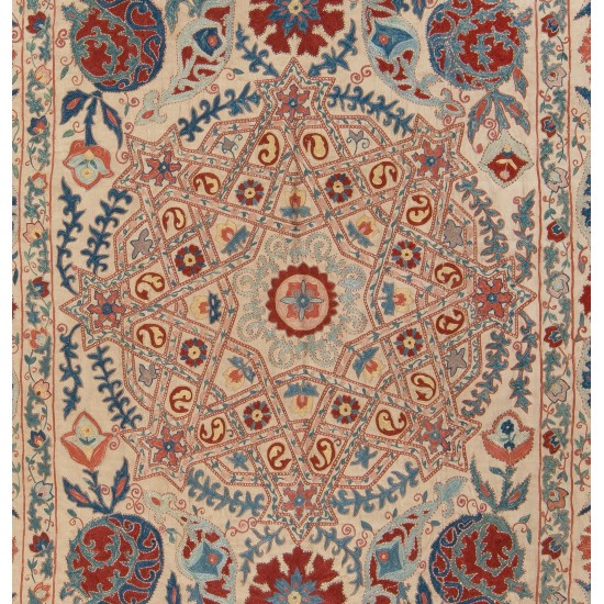 Silk Hand Embroidered Bed Cover, Vintage Suzani Wall Hanging from Uzbekistan. 5 x 6.4 Ft (152 x 195 cm)