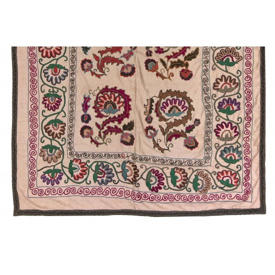 Silk Hand Embroidered Bed Cover, Vintage Suzani Wall Hanging from Uzbekistan. 5.3 x 7 Ft (160 x 212 cm)