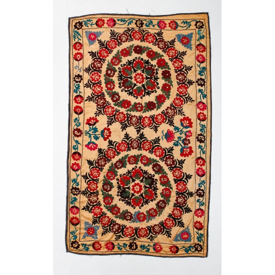 Silk Hand Embroidered Bed Cover, Vintage Suzani Wall Hanging from Uzbekistan. 5.4 x 8.6 Ft (162 x 262 cm)