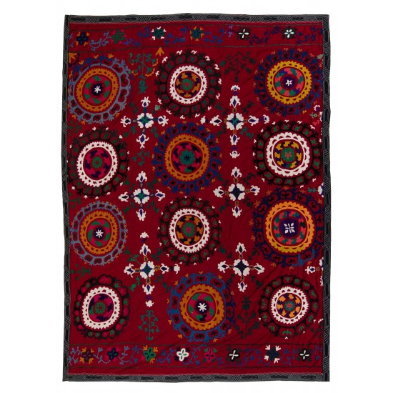 Silk Hand Embroidered Bed Cover, Vintage Suzani Wall Hanging from Uzbekistan. 6.4 x 8.4 Ft (195 x 255 cm)