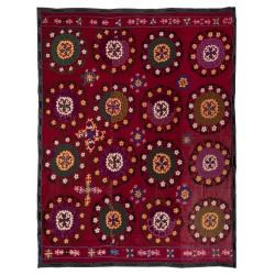 Silk Hand Embroidered Bed Cover, Vintage Suzani Wall Hanging from Uzbekistan. 6.8 x 7.8 Ft (206 x 237 cm)