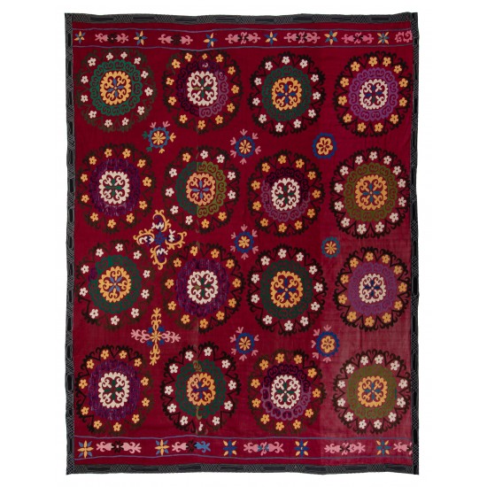 Silk Hand Embroidered Bed Cover, Vintage Suzani Wall Hanging from Uzbekistan. 6.8 x 7.8 Ft (206 x 237 cm)