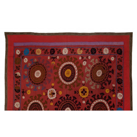 Silk Hand Embroidered Bed Cover, Vintage Suzani Wall Hanging from Uzbekistan. 7.9 x 8.7 Ft (240 x 263 cm)