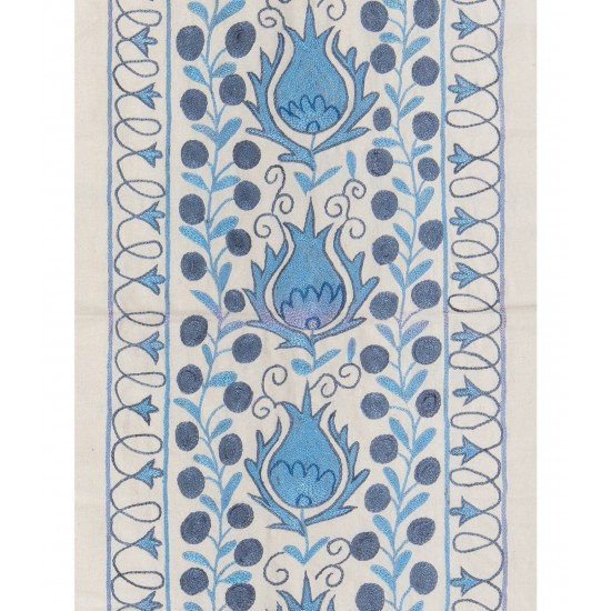 Silk Embroidery Suzani Wall Hanging, Vintage Handmade Uzbek Bed or Table Cover. 1.7 x 6.2 Ft (50 x 187 cm)