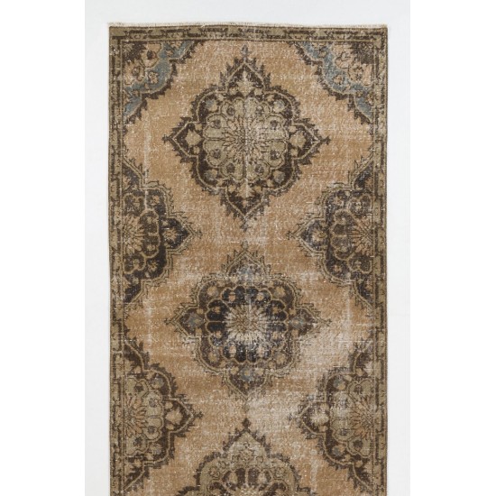 Hand-Knotted Vintage Turkish Runner Rug, Authentic Wool Hallway Runner. 3.6 x 12 Ft (108 x 365 cm)