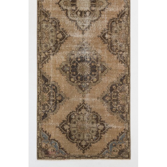 Hand-Knotted Vintage Turkish Runner Rug, Authentic Wool Hallway Runner. 3.6 x 12 Ft (108 x 365 cm)