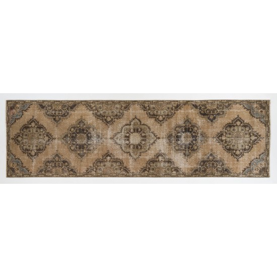 Hand-Knotted Vintage Turkish Runner Rug, Authentic Wool Hallway Runner. 3.6 x 12 Ft (108 x 365 cm)