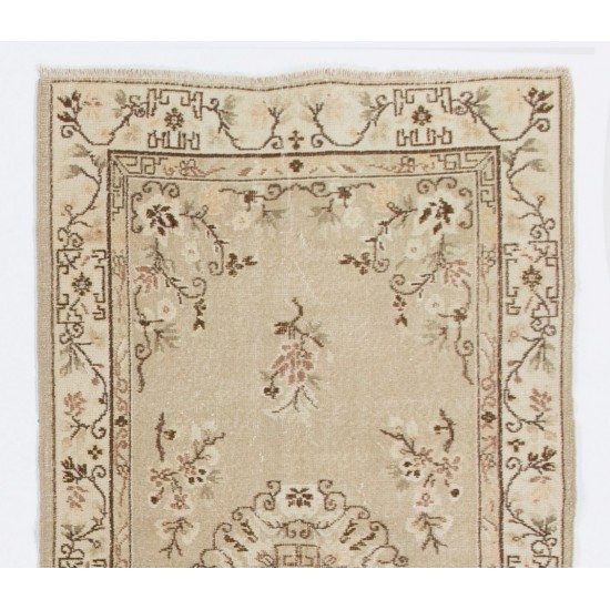Antique Washed Turkish Accent Rug, Vintage Handmade Art Deco Chinese Design Carpet. 3.8 x 6.8 Ft (113 x 206 cm)