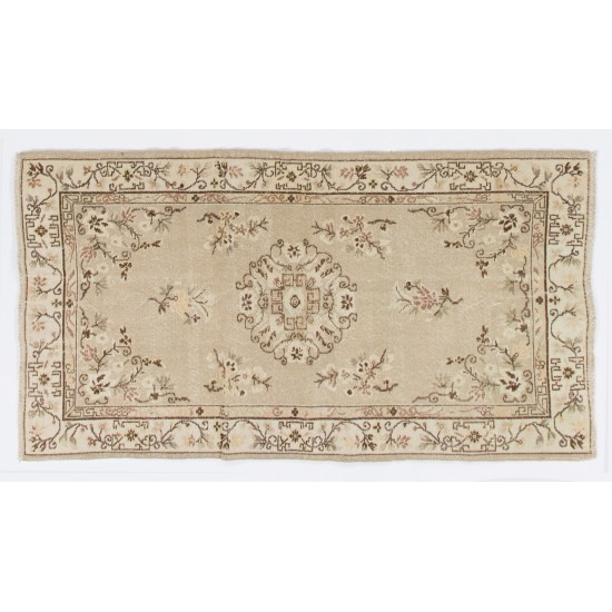 Antique Washed Turkish Accent Rug, Vintage Handmade Art Deco Chinese Design Carpet. 3.8 x 6.8 Ft (113 x 206 cm)
