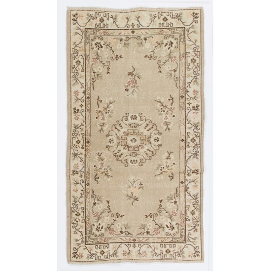 Antique Washed Turkish Accent Rug, Vintage Handmade Art Deco Chinese Design Carpet. 3.8 x 6.8 Ft (113 x 206 cm)