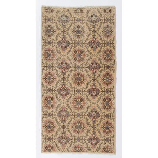Hand-Knotted Vintage Accent Rug, Central Anatolian Wool Carpet with Floral Garden Design. 3.8 x 7.3 Ft (114 x 222 cm)