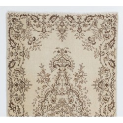 Turkish Oushak Rug in Ivory and Brown Color, Traditional Hand-Knotted 1960s Carpet. 3.8 x 7.3 Ft (115 x 220 cm)