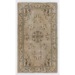Turkish Oushak Accent Rug in Beige, Brown and Black Colors, Vintage Handmade Art Deco Chinese Design Carpet. 3.9 x 6.7 Ft (116 x 202 cm)