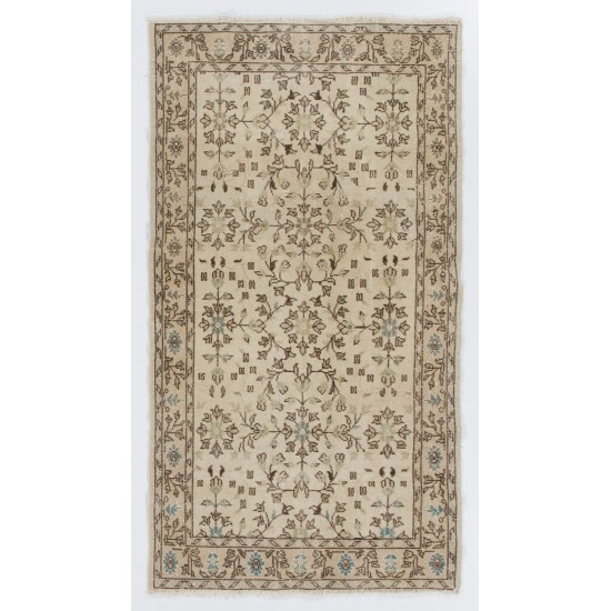 Turkish Oushak Accent Rug with Floral Design, Traditional Hand-Knotted 1960s Carpet. 3.9 x 6.8 Ft (116 x 206 cm)