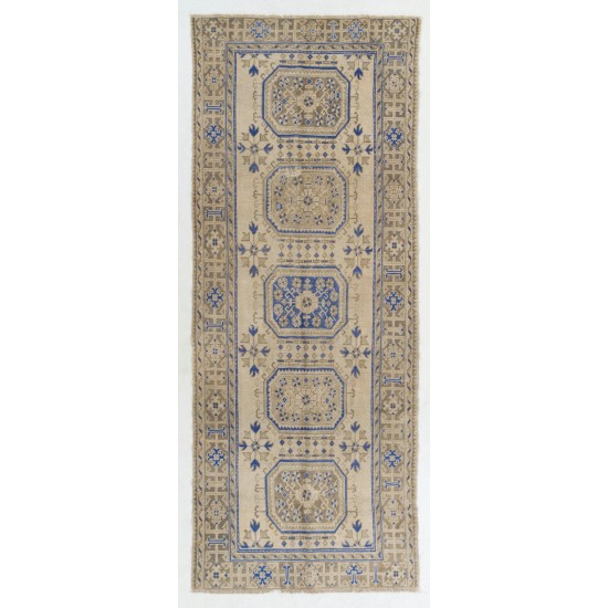 Hand-Knotted Vintage Turkish Runner Rug, Authentic Wool Hallway Runner. 4.8 x 11.9 Ft (144 x 360 cm)