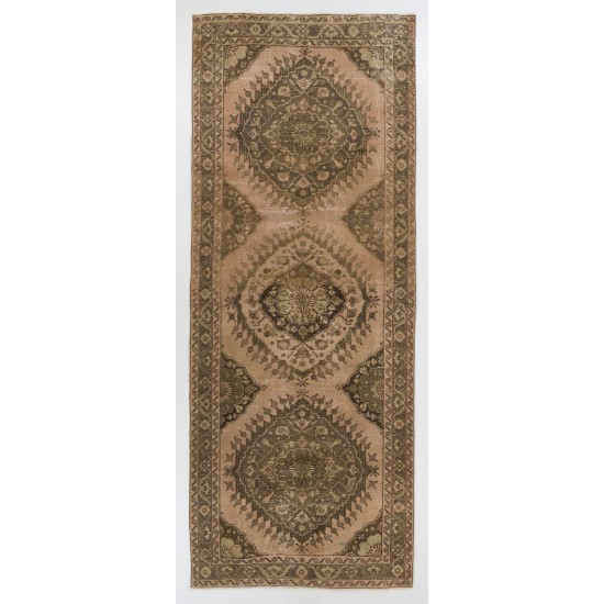 Mid-Century Handmade Turkish Oushak Runner Rug, Authentic Wool Corridor Carpet. 5 x 12.6 Ft (152 x 383 cm)