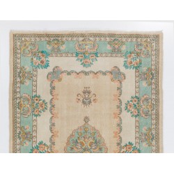 Vintage Hand-Knotted Anatolian Rug in Turquoise, Green, Pink and Sand Color. 5.9 x 9.5 Ft (178 x 288 cm)