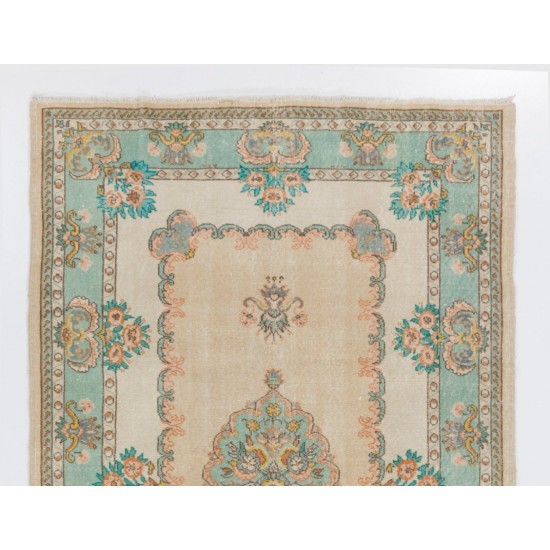 Vintage Hand-Knotted Anatolian Rug in Turquoise, Green, Pink and Sand Color. 5.9 x 9.5 Ft (178 x 288 cm)