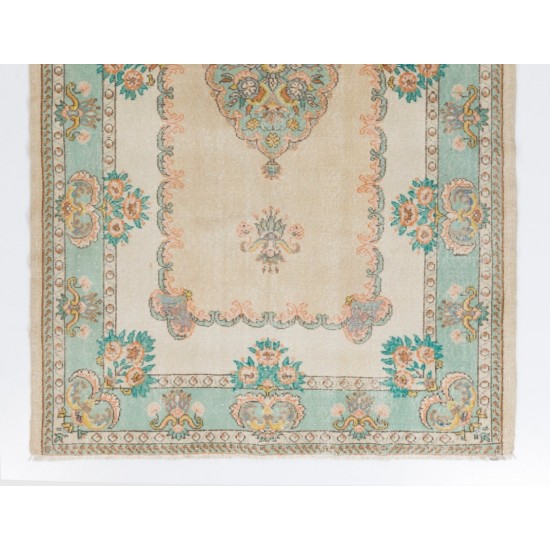 Vintage Hand-Knotted Anatolian Rug in Turquoise, Green, Pink and Sand Color. 5.9 x 9.5 Ft (178 x 288 cm)