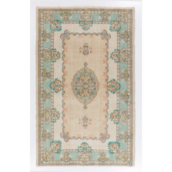 Vintage Hand-Knotted Anatolian Rug in Turquoise, Green, Pink and Sand Color. 5.9 x 9.5 Ft (178 x 288 cm)